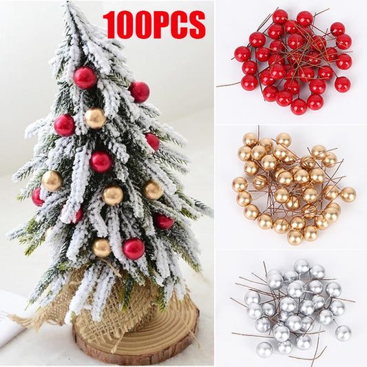 100pcs Artificial Berries Gold Silver Red Cherry Stamen Mini Fake Flowers Pearl Beads for DIY Christmas Party Craft Decoration