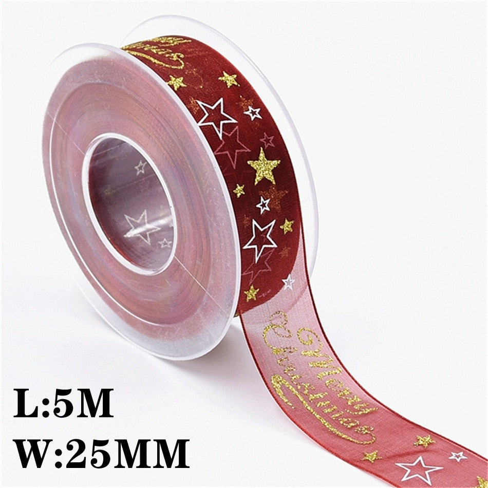 5M 10mm 15mm 25mm Christmas Satin Ribbons Crafts DIY Tape Wedding Gift Bows Natural Organza Ribbon Sewing Clothing Decoration