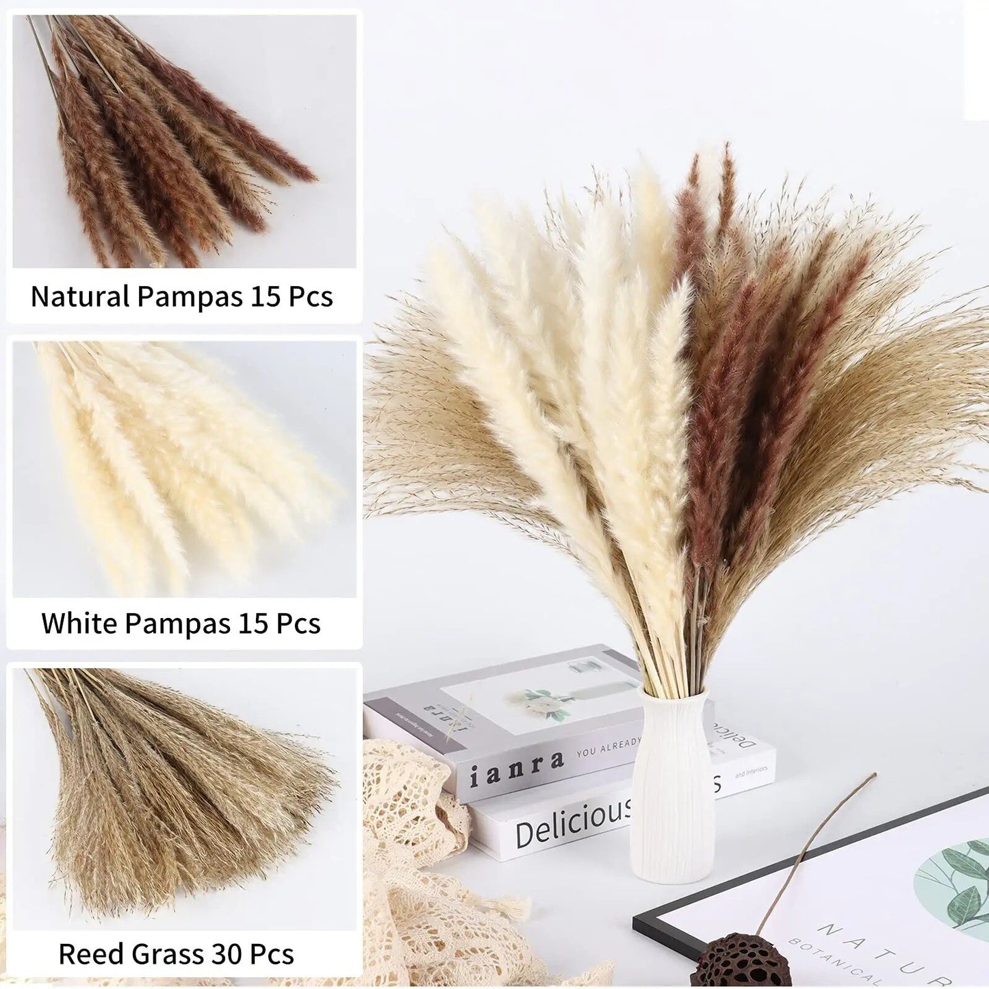 Dried Pampas Grass Pompas Floral 60PCS Pampass Grass Decor Small Pompas Grass For Boho Home Decor Wedding Flower Arrangement