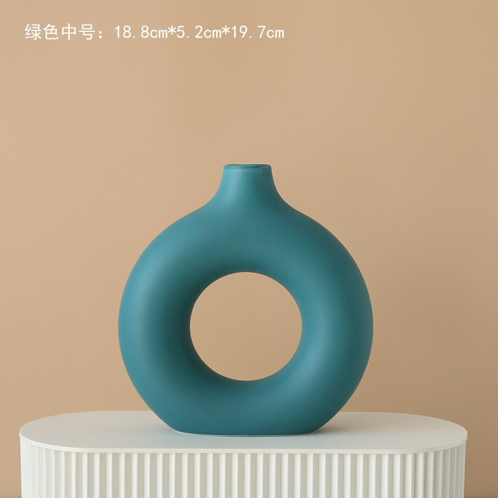 Nordic Ceramic Vase Circular Hollow Donuts Flower Pot Home Living Room Decoration Accessories Interior Office Desktop Decor Gift