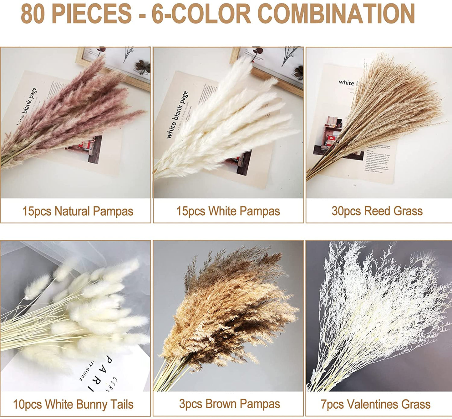 80-Piece Pampas Mix Bouquet,Pampas Decor Dried Pampas Grass Bouquet Boho Decor, 6 Dried Plants, Pampass for Bohemian Home Decor