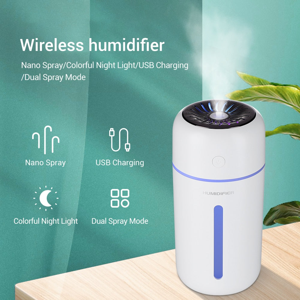 1200mAh Rechargeable Air Humidifier 320ml Wireless Essential Oil Aroma Diffuser Home Car Cordless Humidifier with Colorful Light