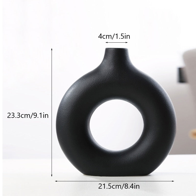 Nordic Ceramic Vase Circular Hollow Donuts Flower Pot Home Living Room Decoration Accessories Interior Office Desktop Decor Gift